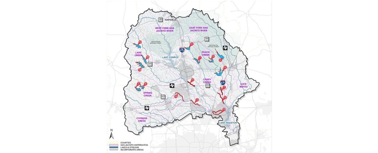 drainage map of San Jacinto region including counties, watersheds, lakes, and streams